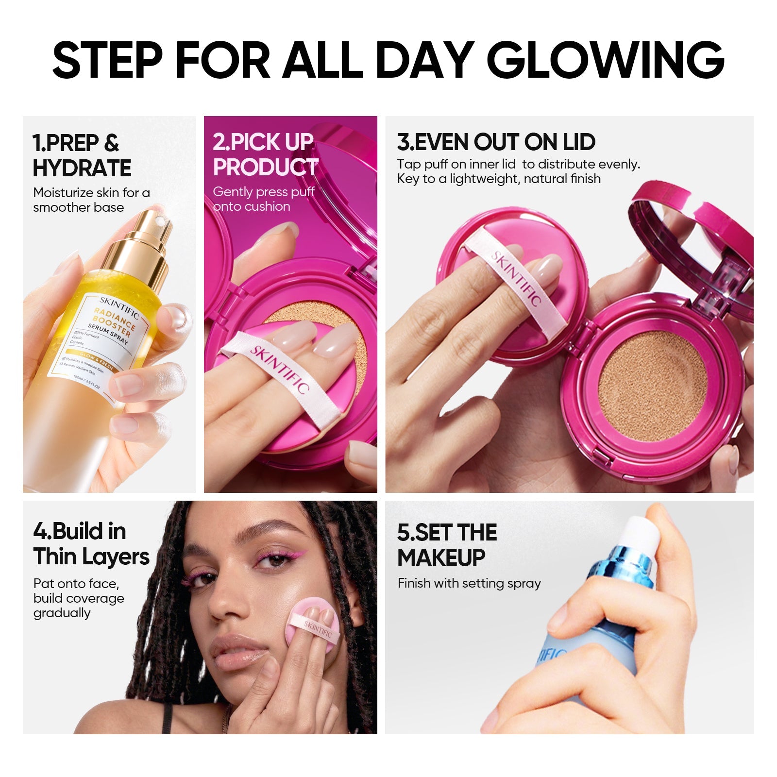 Five-step cushion foundation routine with prep, application and setting spray