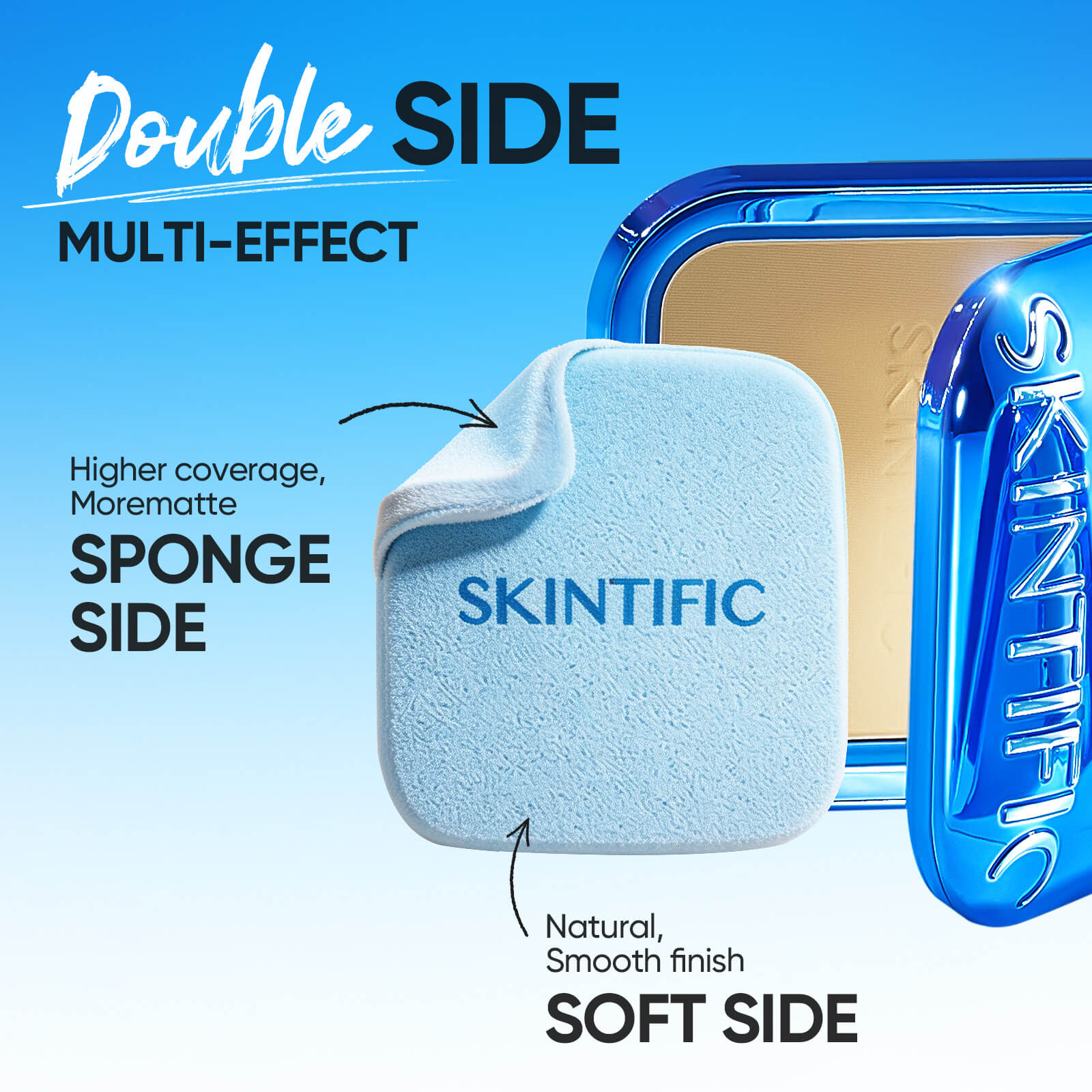 Dual-sided puff shown with a powder foundation compact