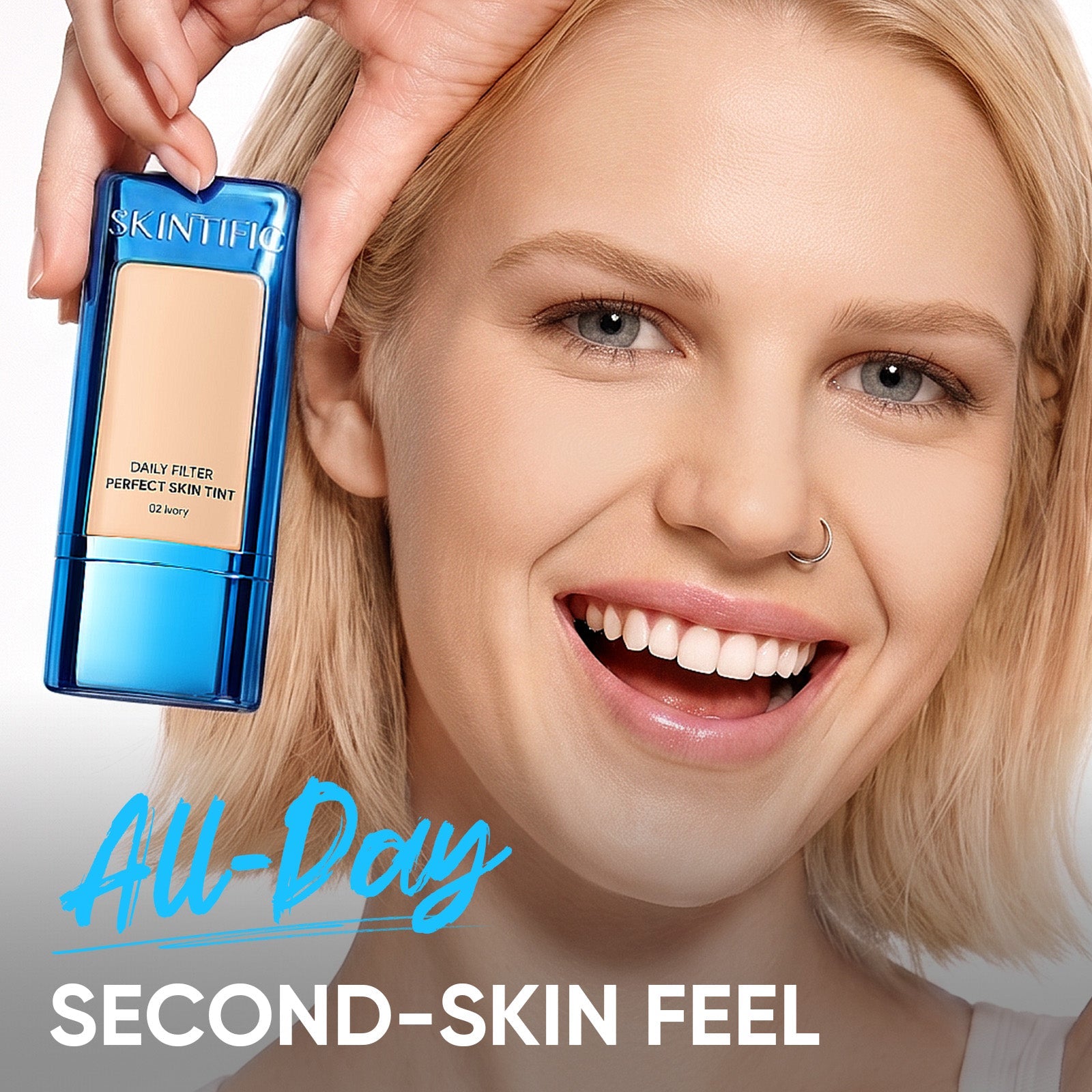Model holding Daily Filter Perfect Skin Tint in 02 Ivory for second-skin finish