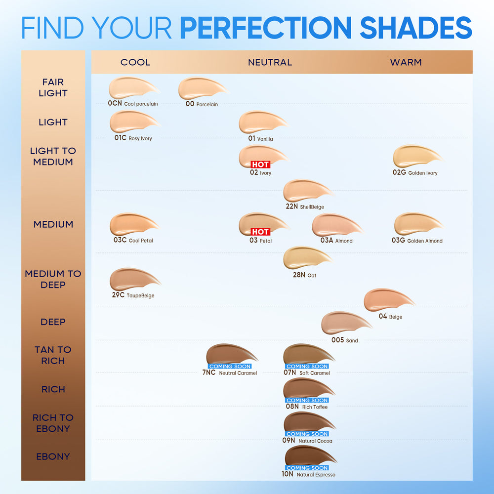 Daily Filter Perfect Skin Tint shade chart for cool neutral and warm undertones